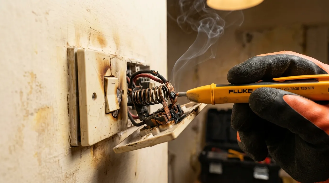 Électricien testant une prise murale endommagée avec multimètre