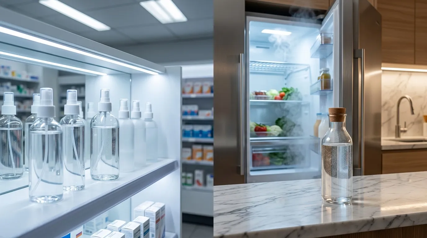 Bouteilles d'eau spray en pharmacie et cuisine moderne