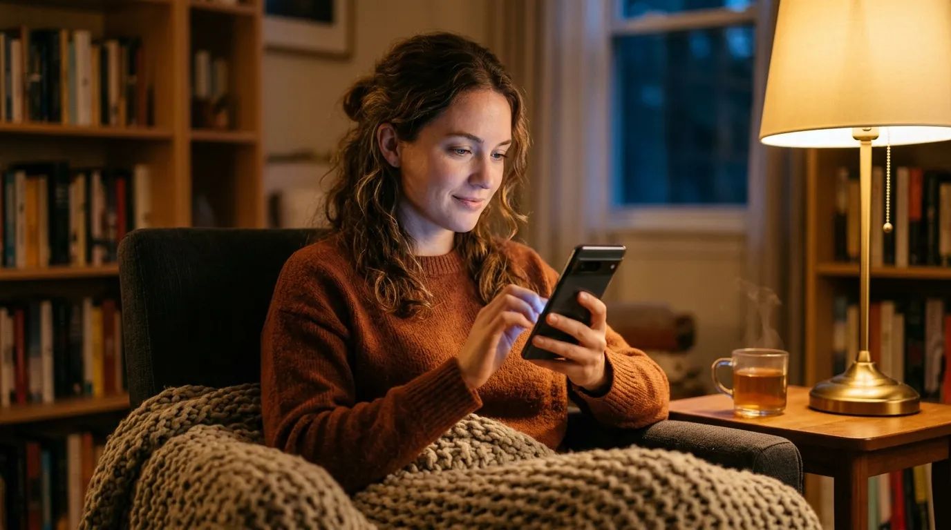Femme en pull orange utilisant téléphone dans bibliothèque