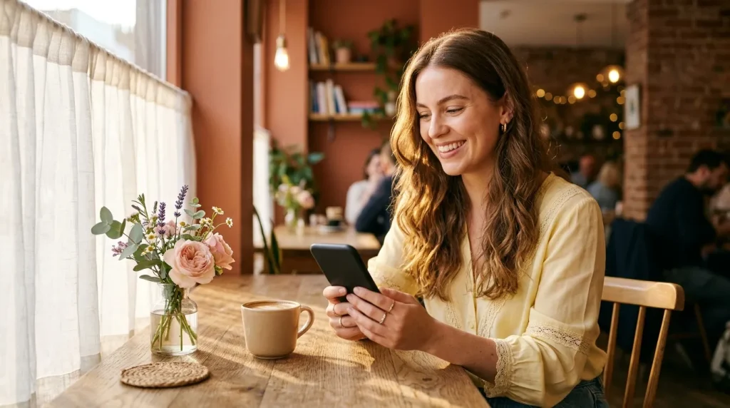 Femme utilisant son téléphone dans un café avec fleurs
