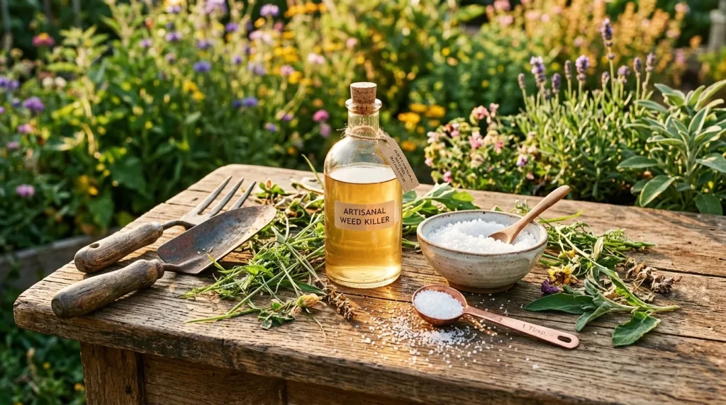 Bouteille herbicide, sel, outils de jardinage sur table bois