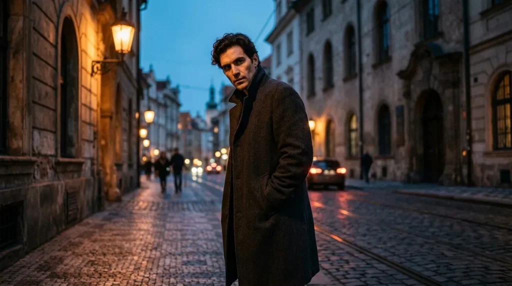 Homme en manteau sombre dans une ruelle pavée éclairée