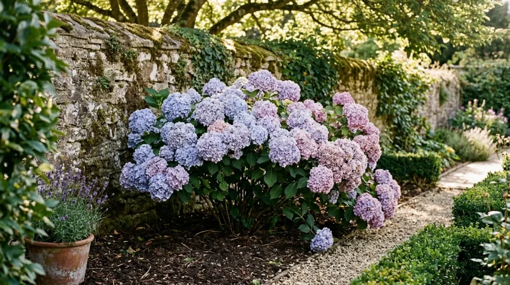 Hortensias bleus et roses le long d'une allée de jardin