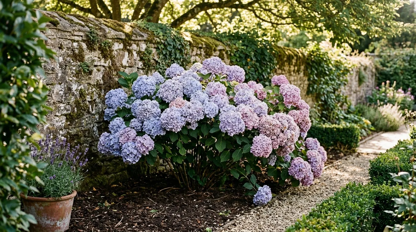Hortensias bleus et roses le long d'une allée de jardin