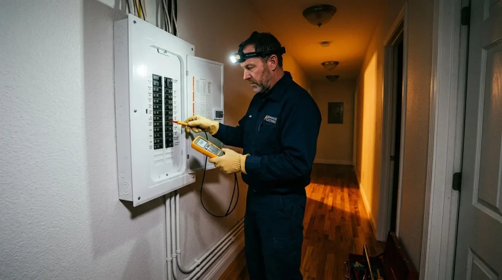 Électricien inspectant un tableau électrique avec multimètre