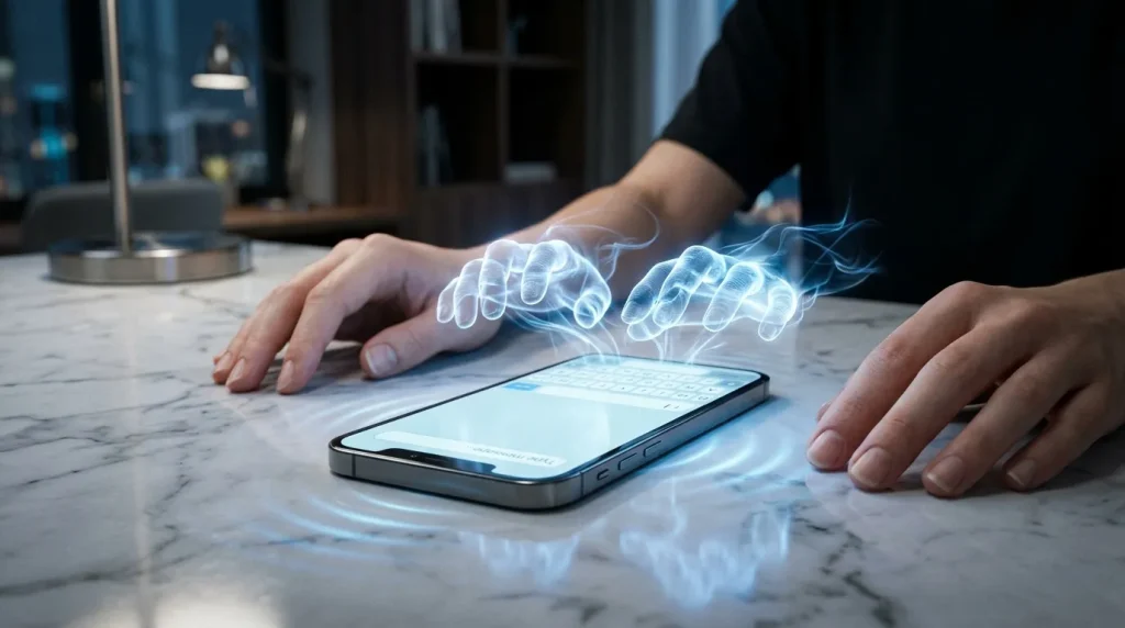 Mains manipulant hologramme bleu lumineux au-dessus téléphone