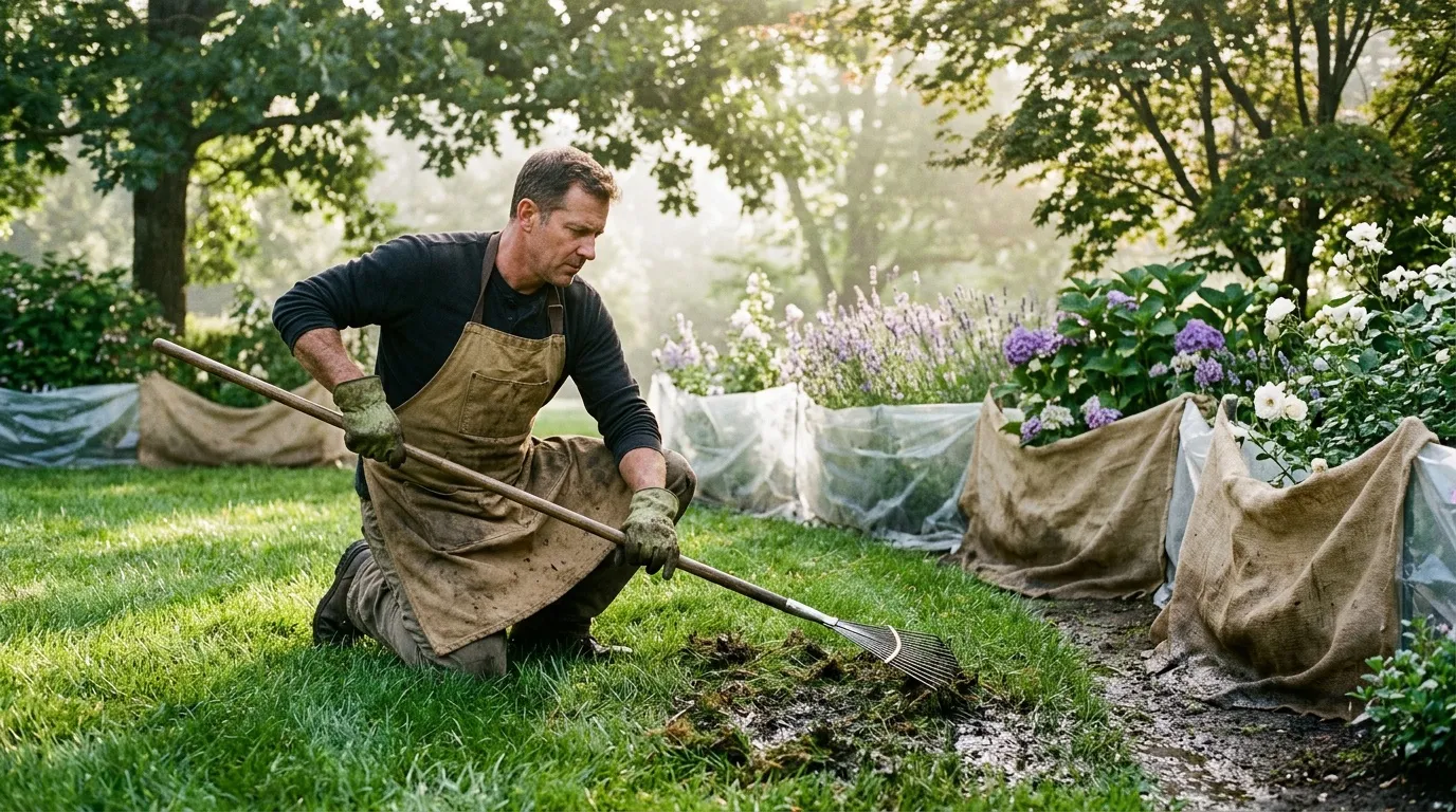 Homme en tablier ratissant un jardin fleuri