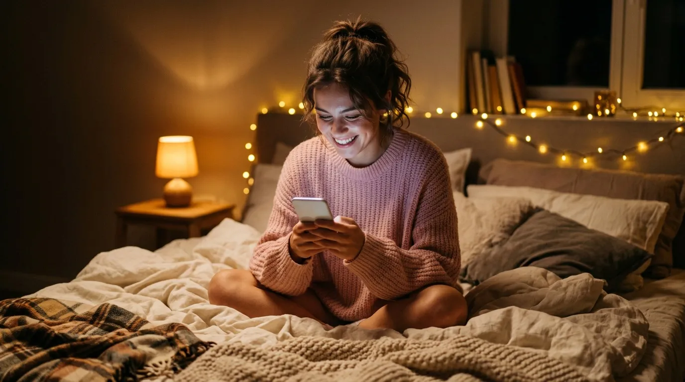 Fille heureuse utilisant téléphone au lit avec guirlandes lumineuses