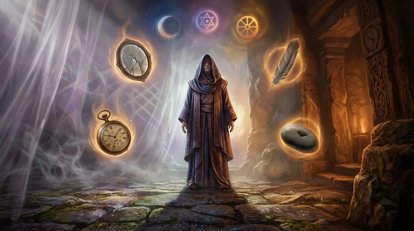 Mage hooded surrounded by glowing mystical symbols and clocks