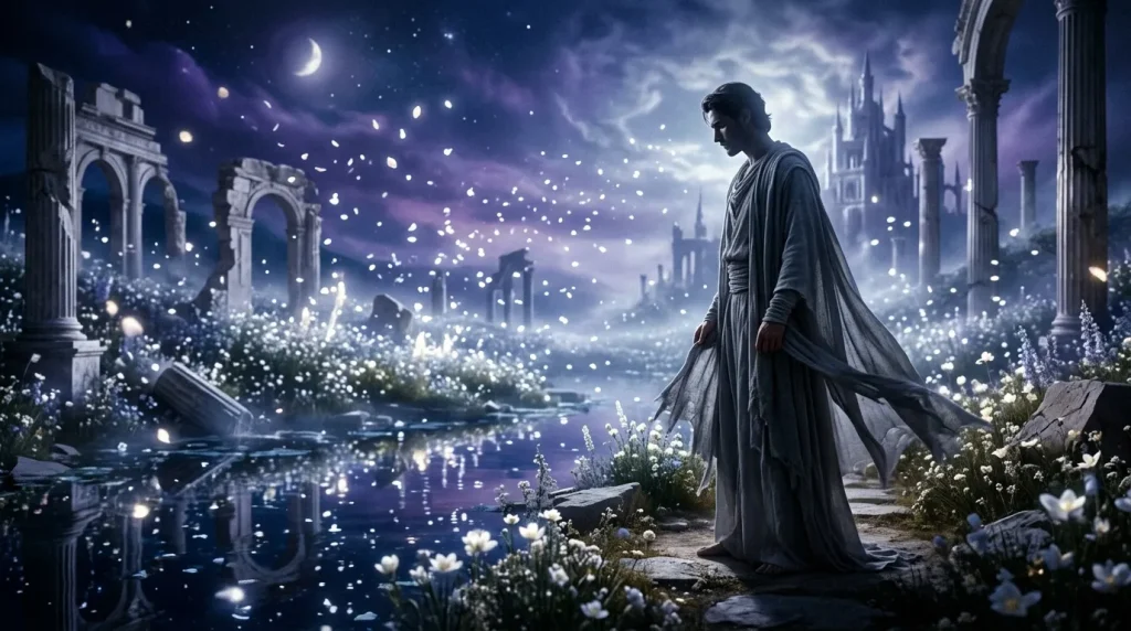 Homme en robe grise contemplant des ruines antiques illuminées la nuit