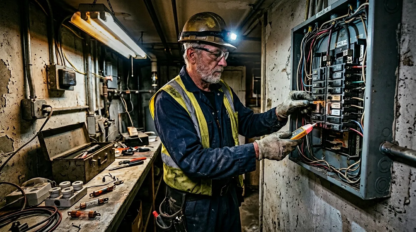 Ouvrier équipé vérifiant les connexions du tableau électrique
