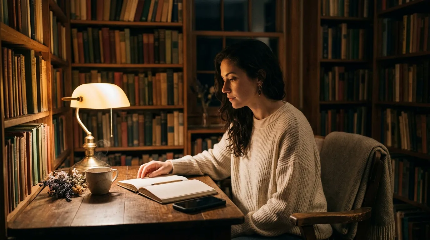 Femme lisant à son bureau dans une bibliothèque avec lampe