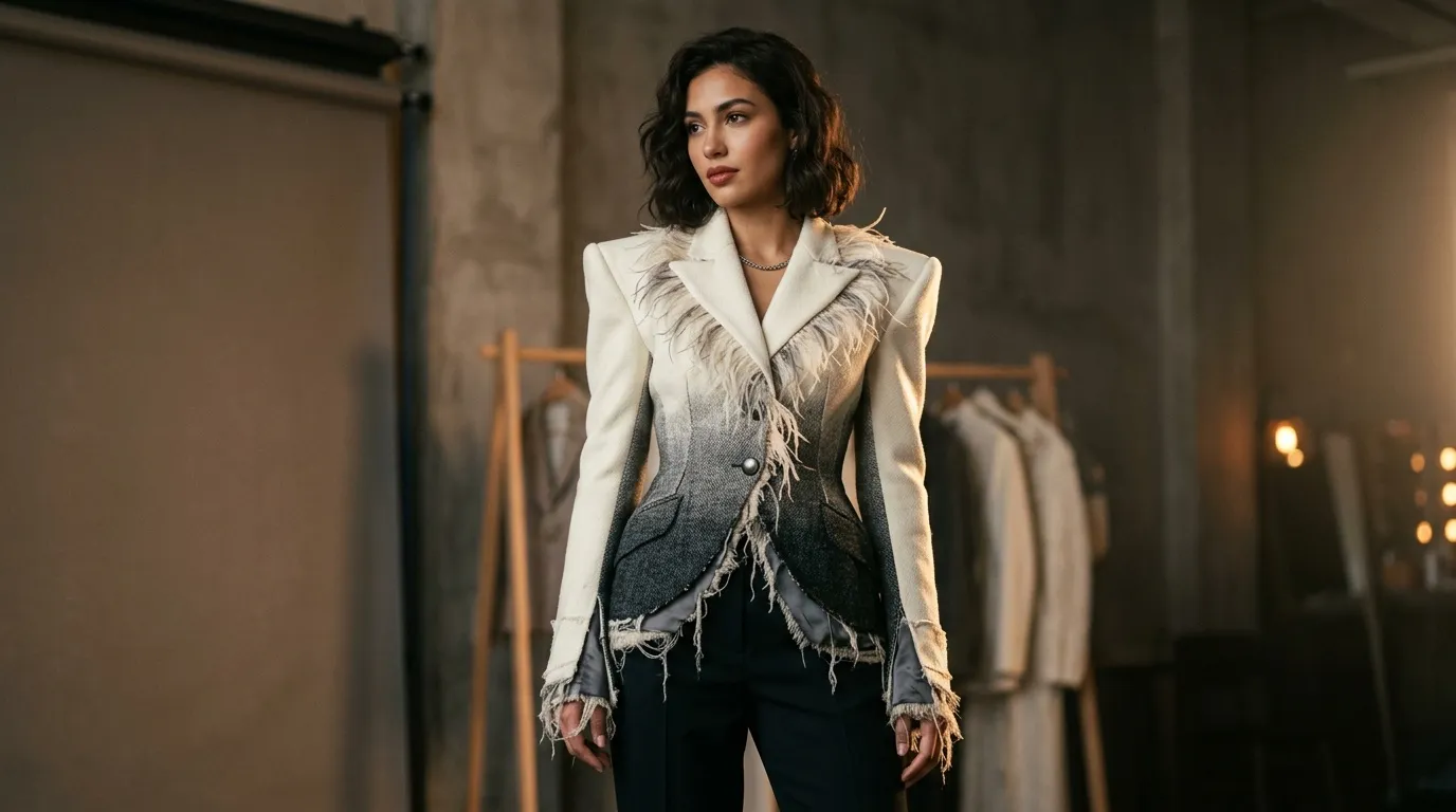 Femme portant un blazer blanc effiloché gris charcoal