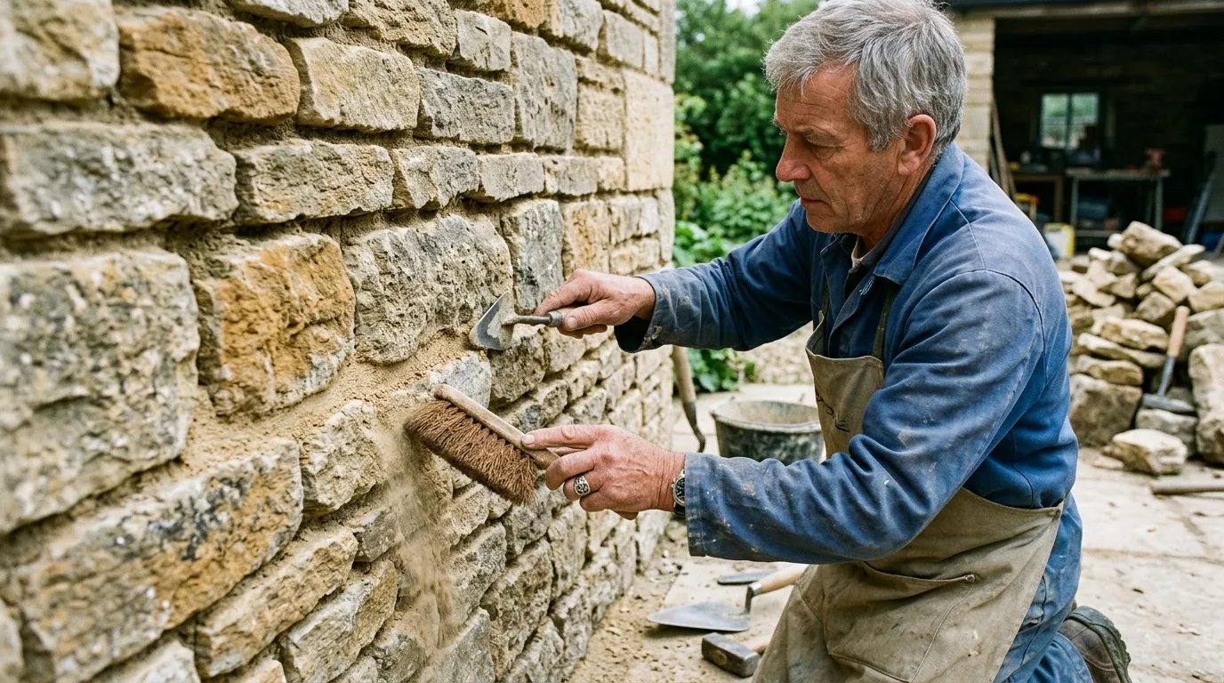 Artisan maçon travaillant sur un mur en pierre de taille