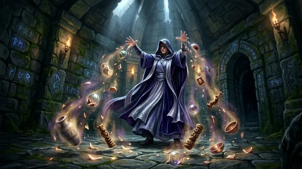 Sorcier en robe violette invoquant des artefacts magiques luminescents