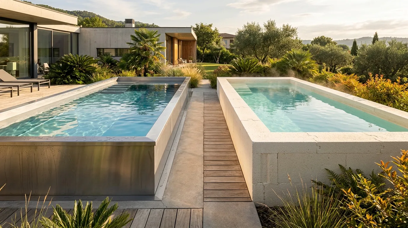 Deux piscines contemporaines face à une maison moderne méditerranéenne