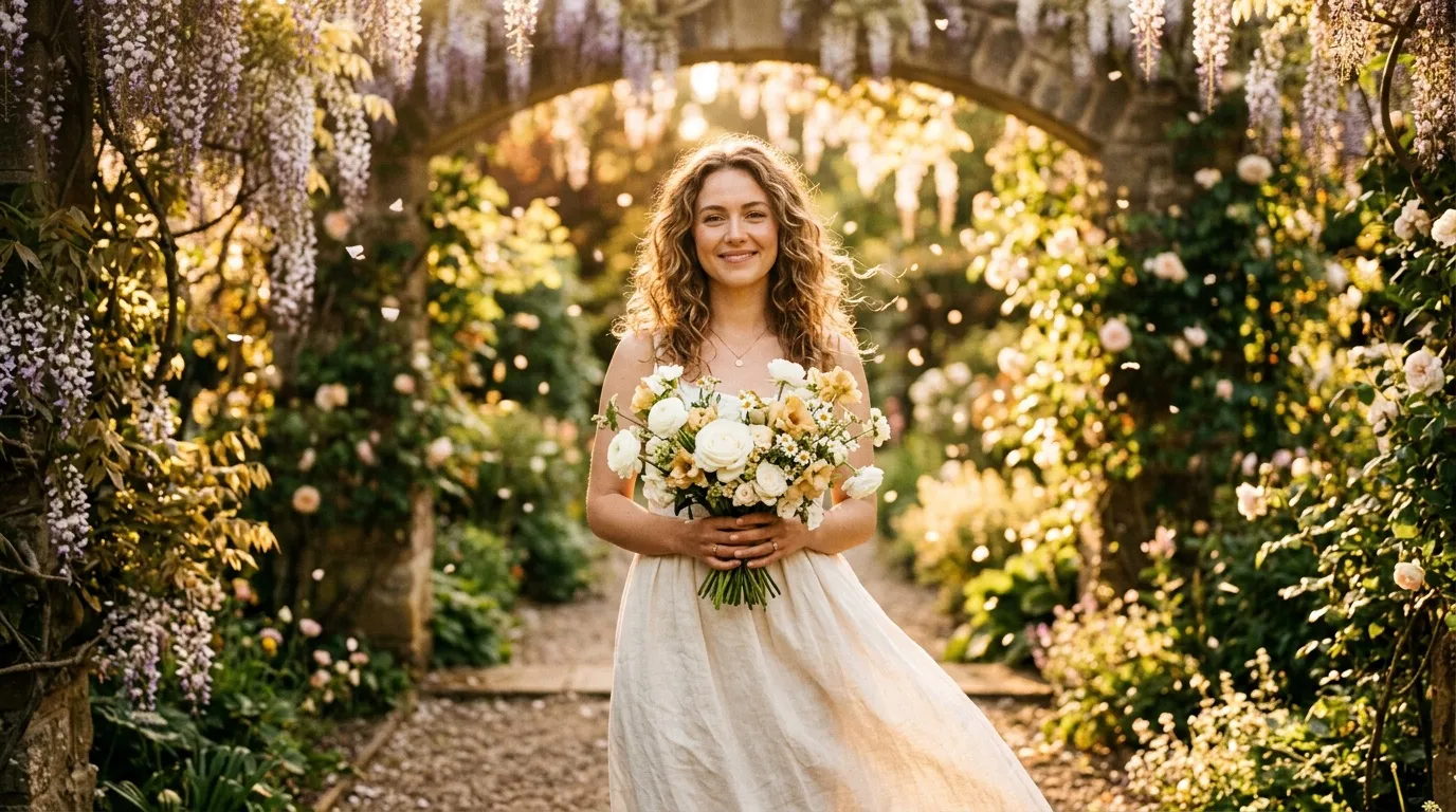 Jeune femme en robe blanche tenant un bouquet dans une allée fleurie
