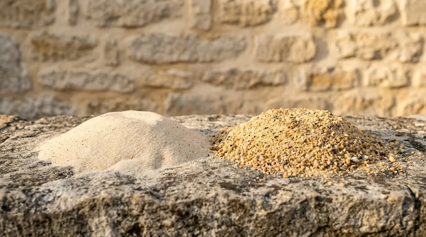 Deux tas de sable et gravier sur béton gris