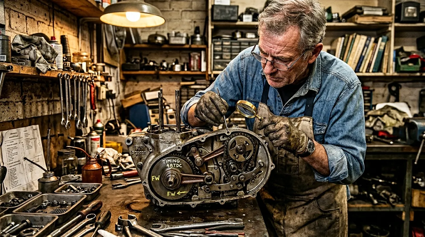 Homme âgé répare mécanisme moteur dans atelier