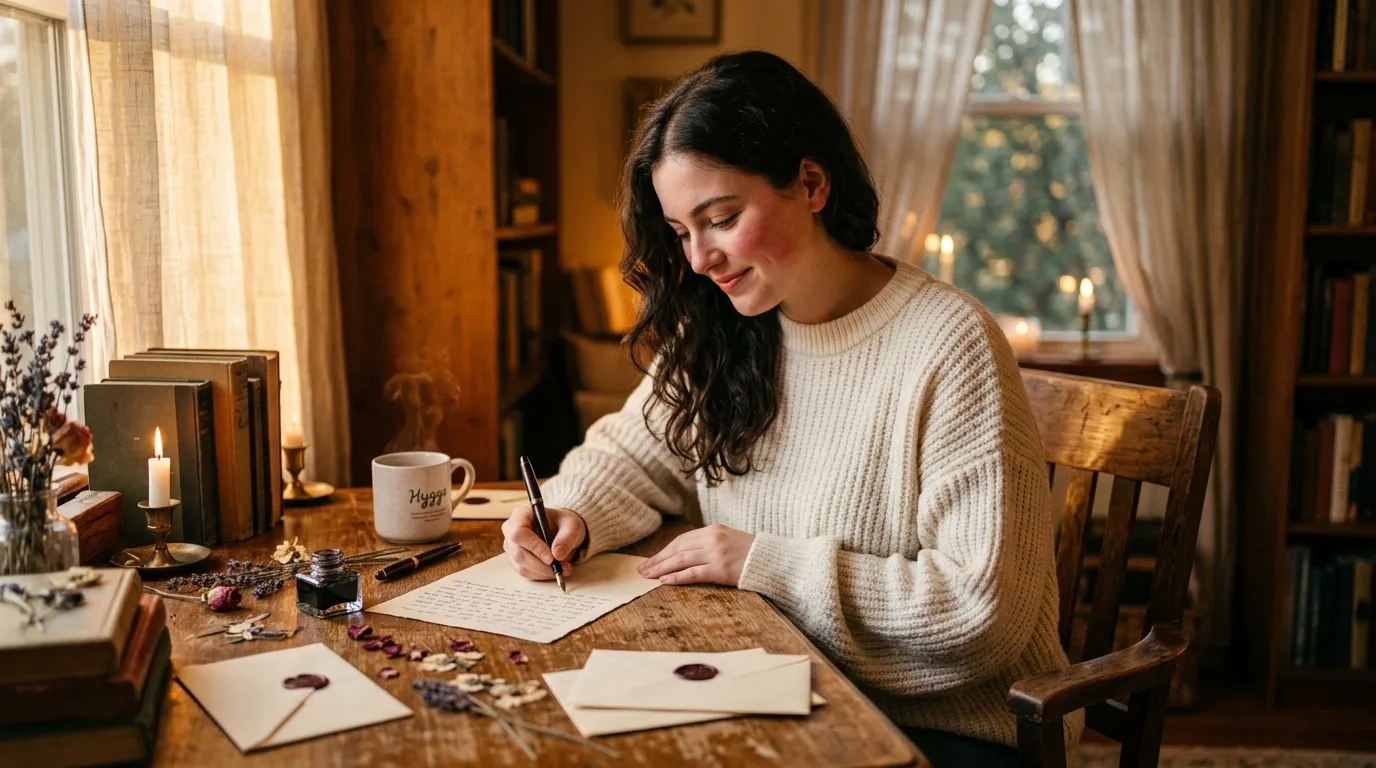 Femme écrivant à sa table dans une ambiance chaleureuse