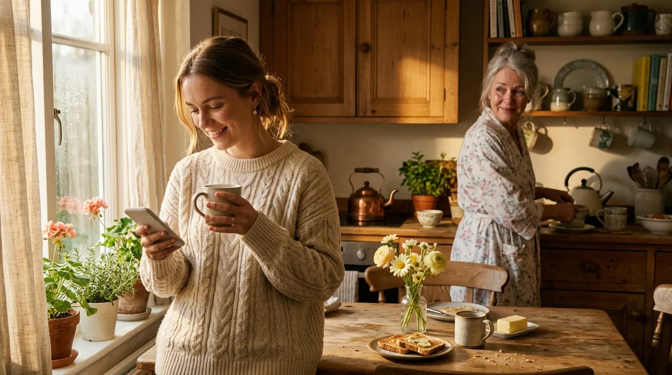 Femme avec café regardant téléphone, cuisine chaleureuse