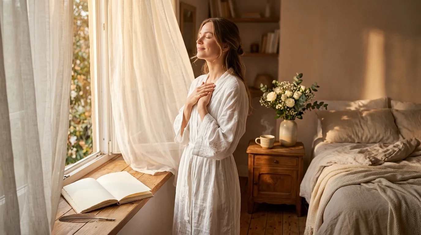 Femme en robe blanche contemplant la nature à sa fenêtre