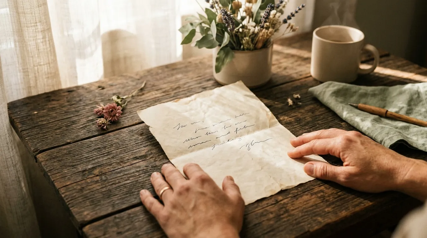 Mains tenant lettre manuscrite sur table rustique avec fleurs