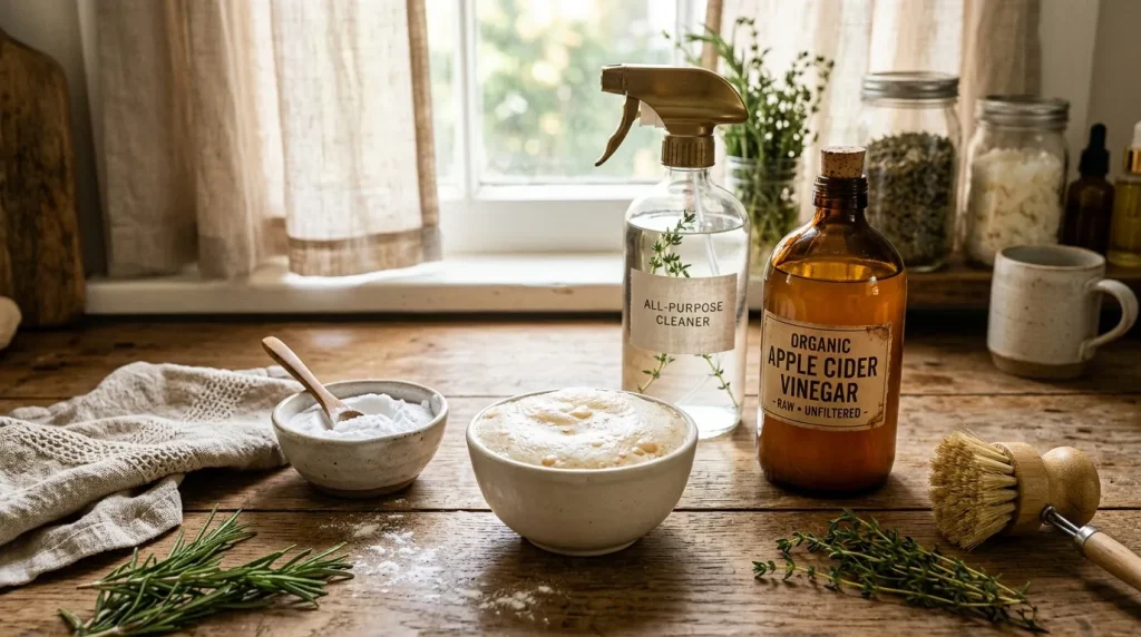 Vinaigre de cidre, bicarbonate et produits naturels nettoyage