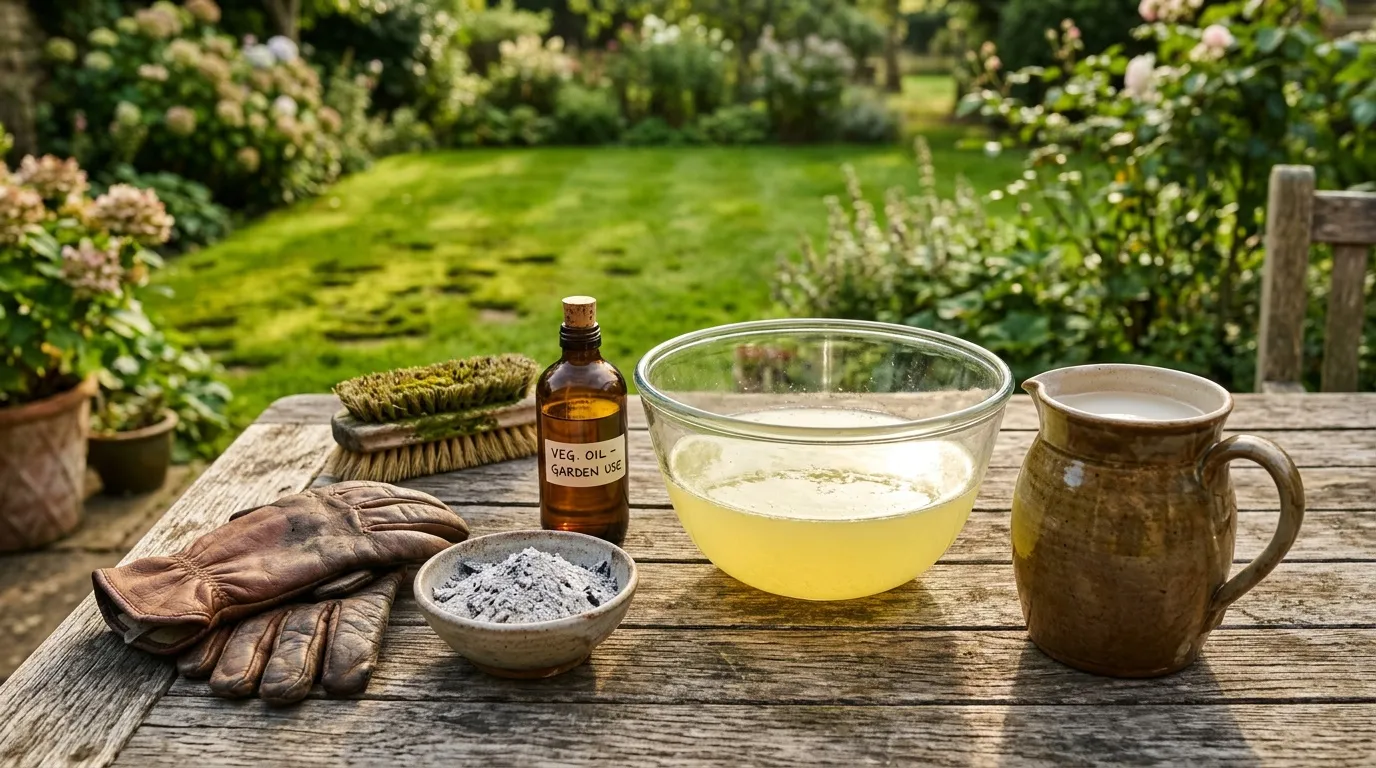 Huile, poudre, gants et outils de jardinage sur table bois