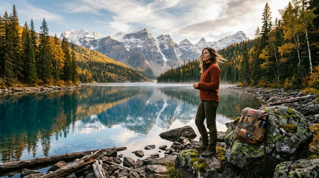 Femme en randonnée près d'un lac de montagne enneigée