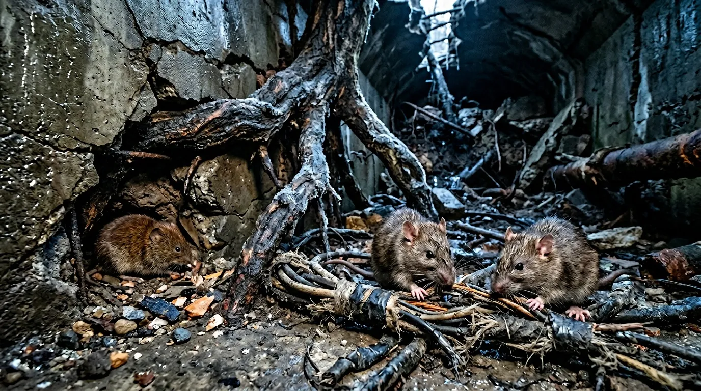 Trois rats explorent les décombres d'un bâtiment abandonné