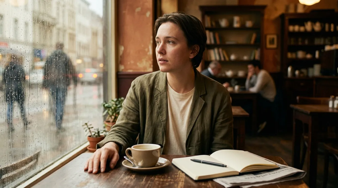 Femme contemplative regardant la pluie à la fenêtre d'un café