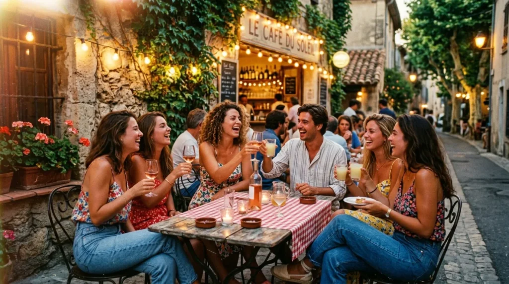 Groupe d'amis riant autour d'une table en terrasse de café