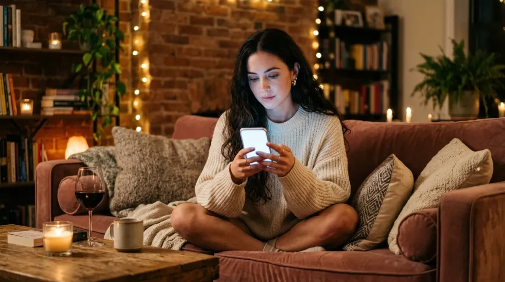 Femme sur canapé regardant son téléphone le soir