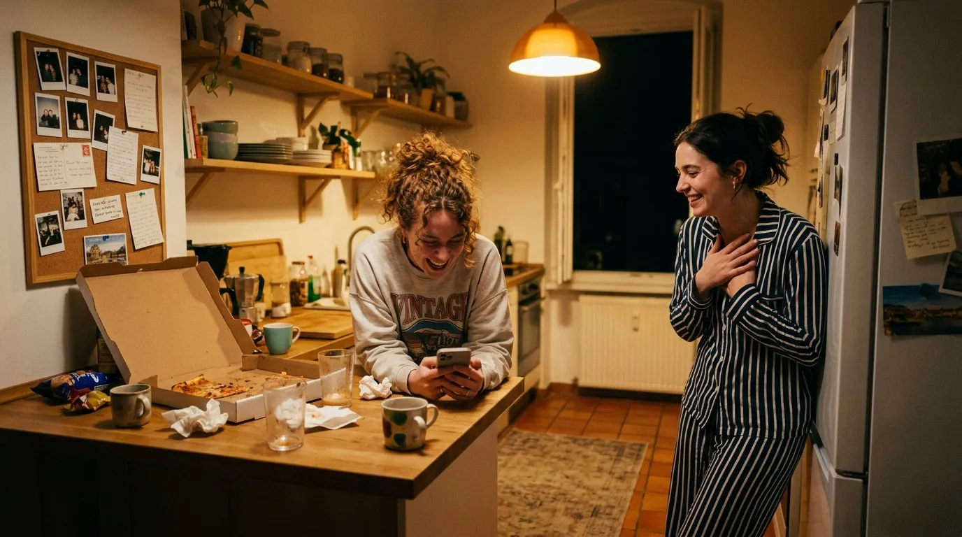 Deux femmes rient dans une cuisine chaleureuse le soir