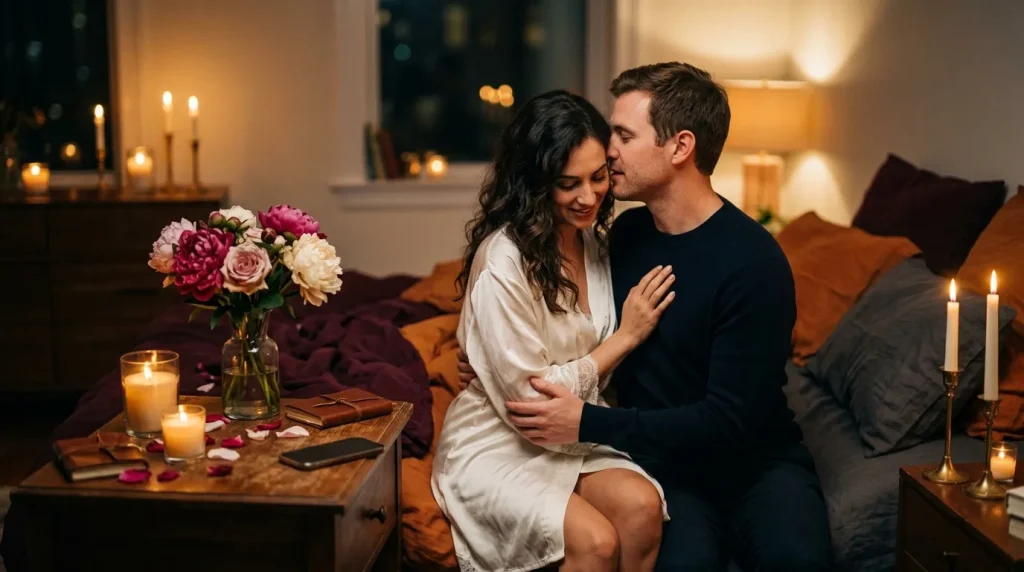 Couple enlacé dans un intérieur cosy illuminé aux bougies
