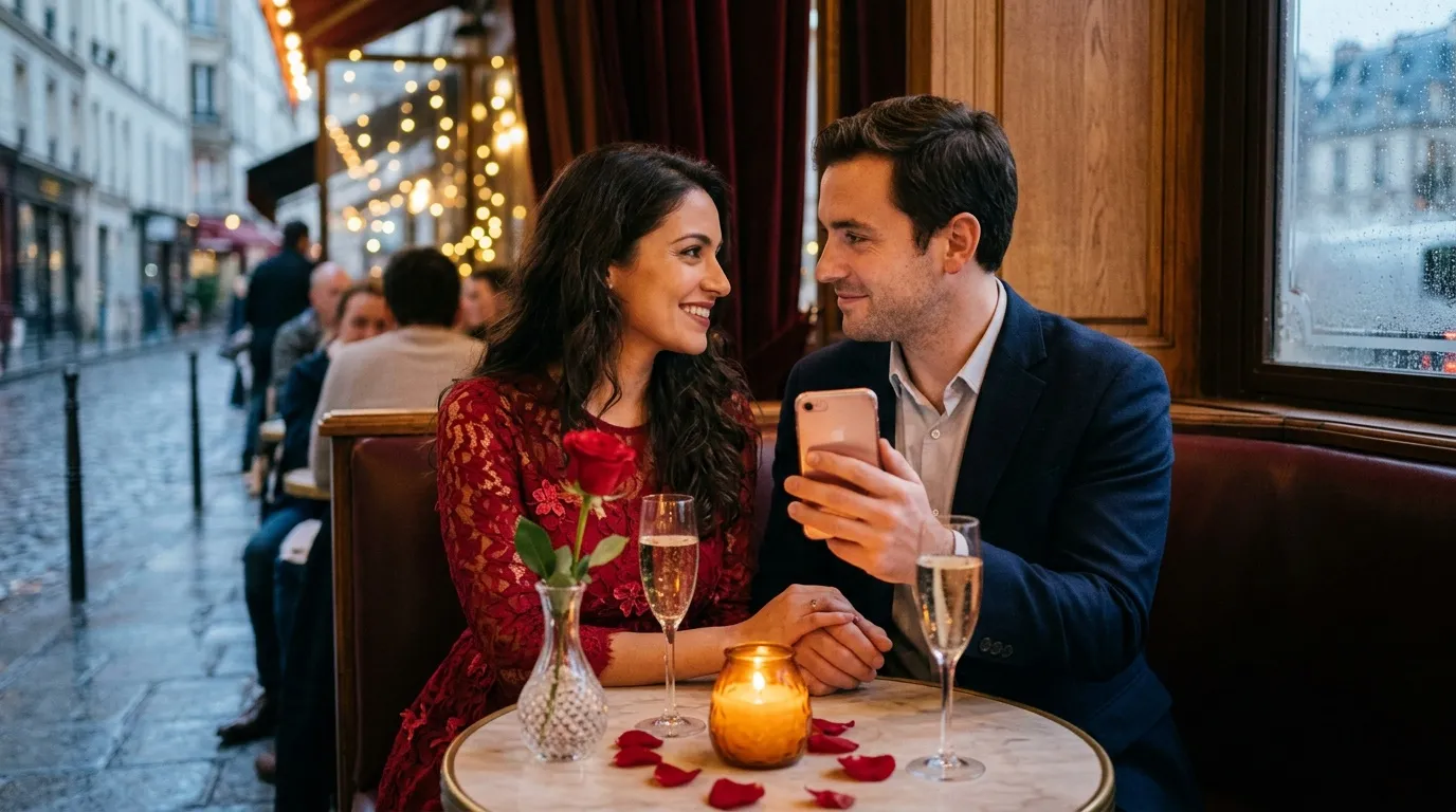 Couple élégant partageant un moment intime au restaurant avec champagne