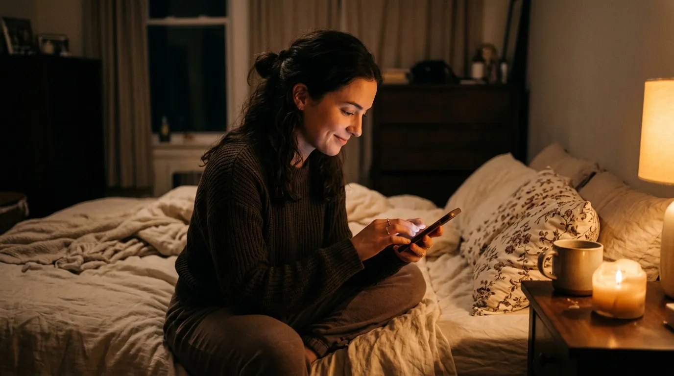 Femme souriante consultant son téléphone le soir au lit