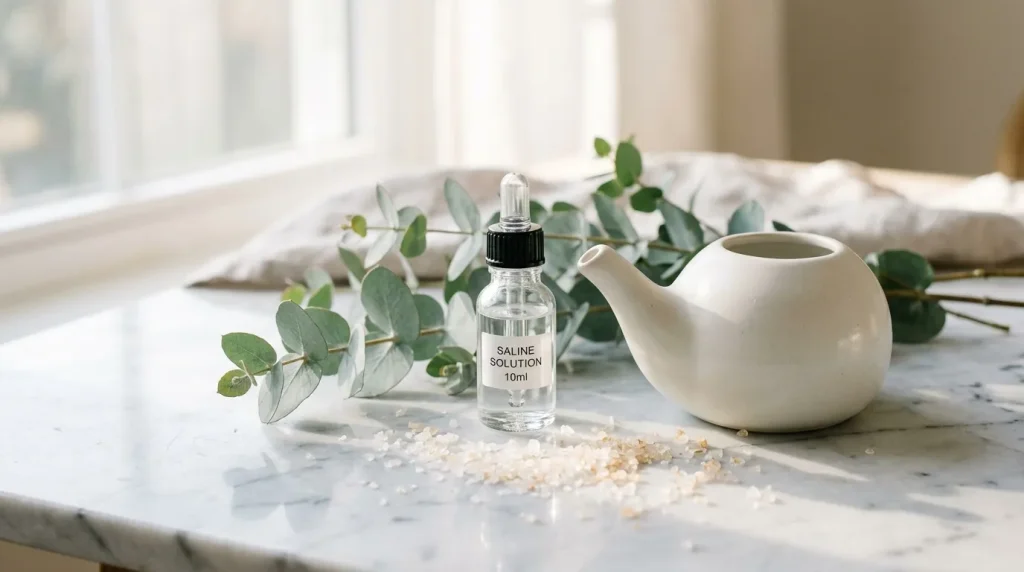 Flacon de solution saline avec eucalyptus et céramique blanche