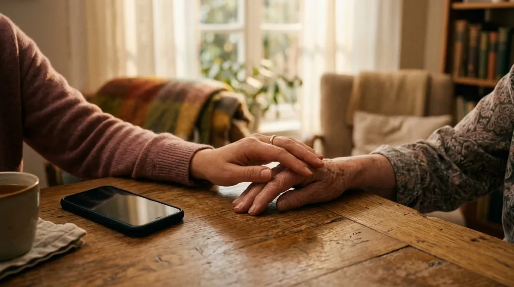 Deux personnes se tiennent la main sur une table en bois