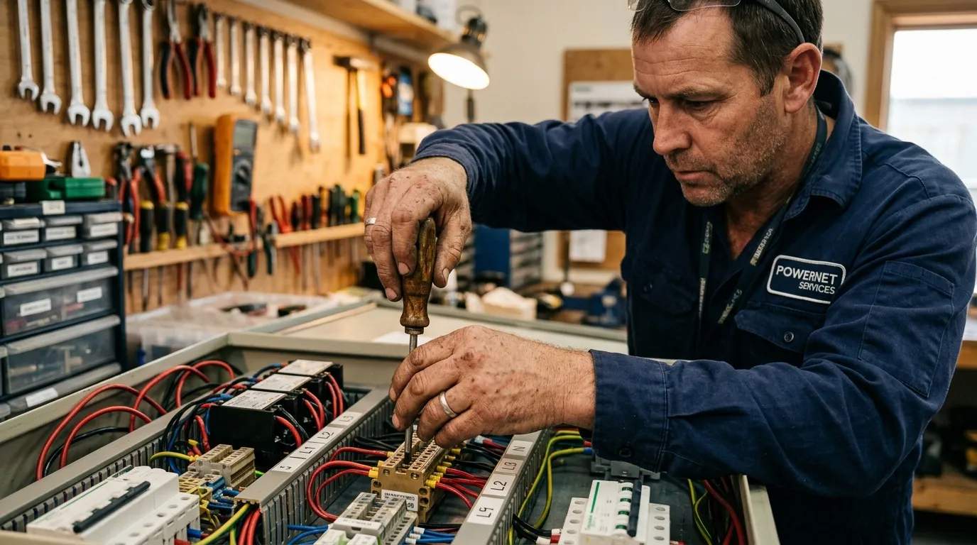 Électricien installe composants dans panneau électrique contrôle