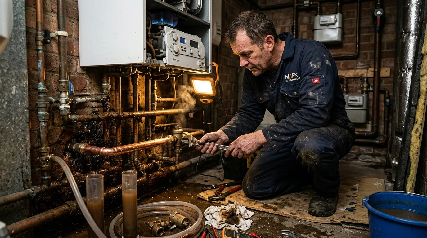 Plombier en uniforme répare des tuyauteries de chauffage corrodées
