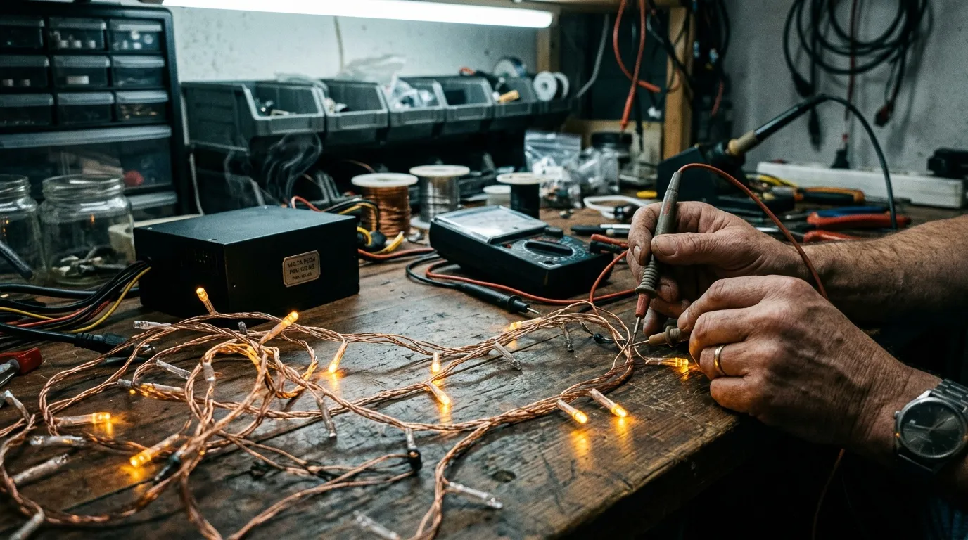 Mains d'électricien testant des LED sur établi d'atelier