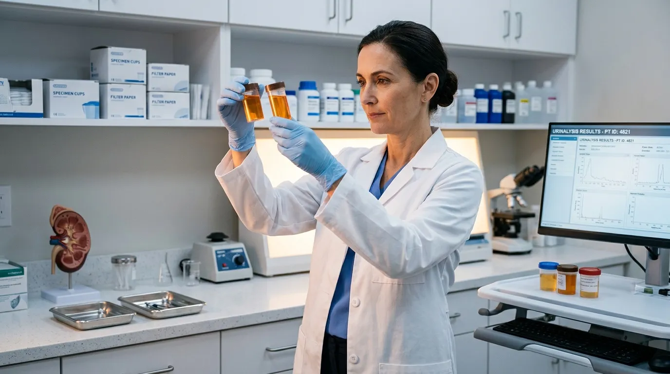 Scientifique examisant des flacons d'urine en laboratoire médical