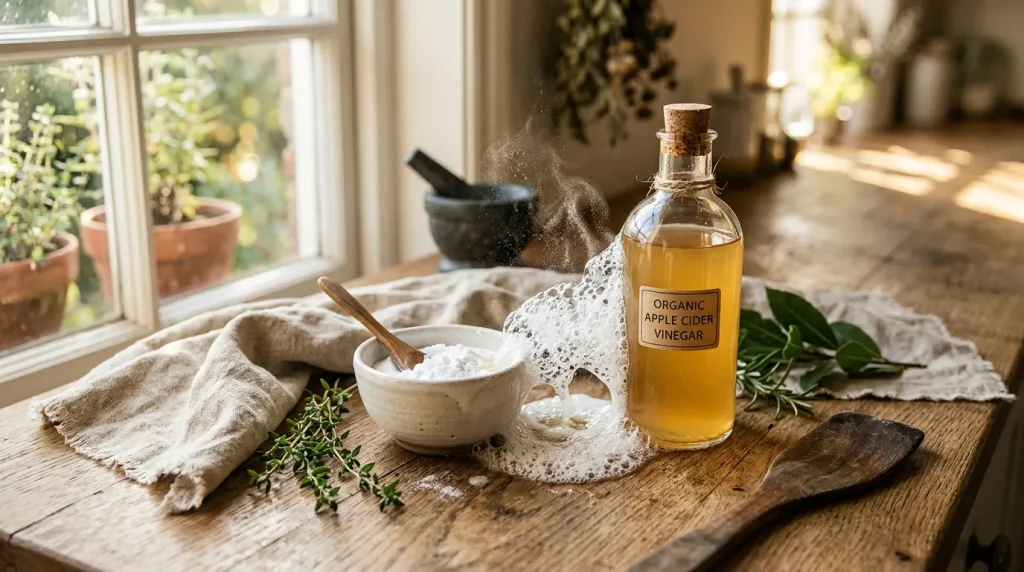 Bouteille vinaigre cidre biologique avec baking soda et herbes