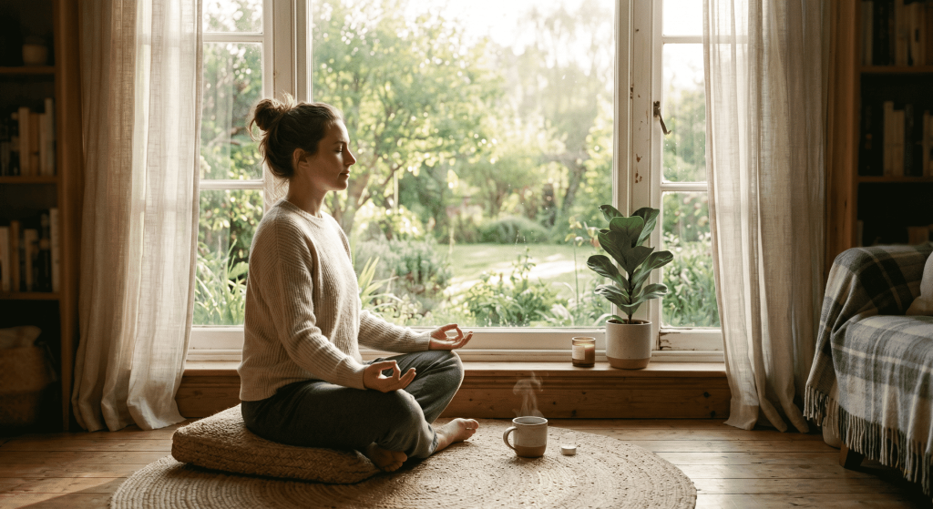 Femme assise sur un coussin, les jambes croisées, méditant devant une grande fenêtre avec de la verdure à l'extérieur ; la lumière du soleil pénètre dans la pièce douillette, doucement éclairée.