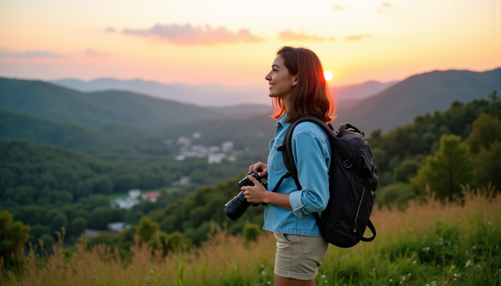 Une femme munie d'un sac à dos et d'un appareil photo se tient sur une colline herbeuse au coucher du soleil, surplombant une vallée avec des collines lointaines et des maisons éparses.