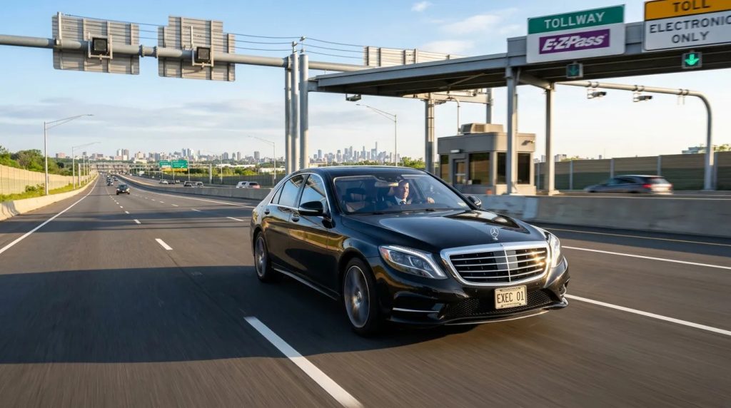 Une berline Mercedes-Benz noire portant la plaque d'immatriculation "EXEC QL" roule sur une autoroute à plusieurs voies, sous des panneaux de péage électronique, par temps clair.