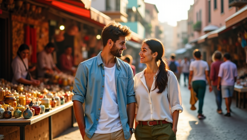 Un homme et une femme marchent ensemble, se souriant l'un à l'autre, dans un marché en plein air très animé, avec des étals présentant des bocaux et des marchandises.