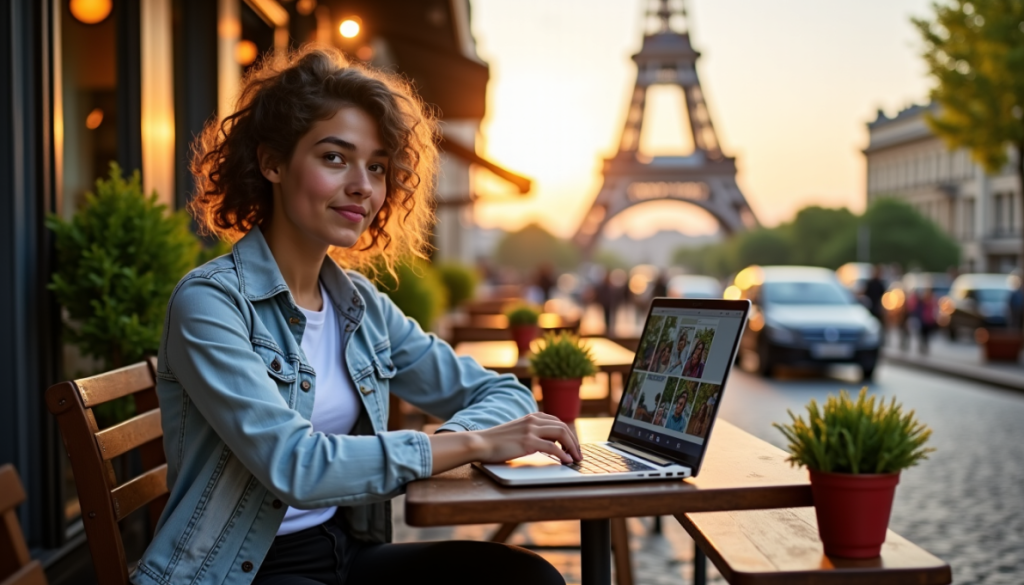 Une femme est assise à une table de café en plein air avec un ordinateur portable devant la Tour Eiffel au coucher du soleil, entourée de plantes en pot et de voitures garées.